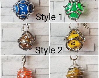 Custom captive dice jewelry, removable d20 necklace, includes a set of dice, dnd jewelry, d20 pendant, your choice, 3 styles, 18 colors,
