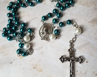 Catholic rosary, five decade rosary, stainless steel, teal and white glass pearls, praying hands center, budded crucifix, Catholic, ooak