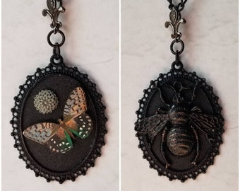Black bumblebee pendant, Dahlia and butterfly pendant,  bee necklace, Goth bee jewelry,  lasercut butterfly necklace, unique gift idea, ooak