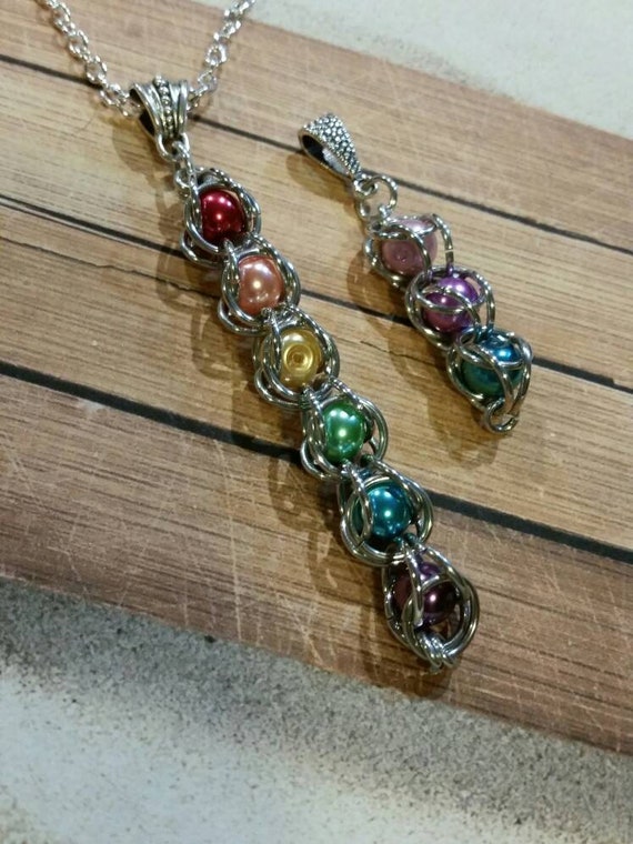 LGBTQ pride necklace, LGBT jewelry, chain maille, glass pearls, rainbow necklace, captured pearl jewelry, captive bead necklace, choose flag
