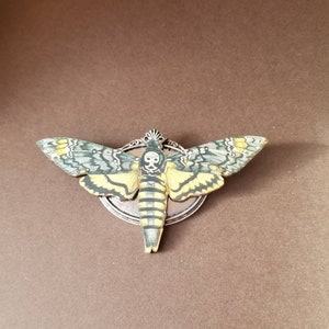 Deaths Head moth brooch, Death&#39;s head moth pin, silver  accents, wood lasercut moth, Hawk moth, Death head moth jewelry, unique brooch