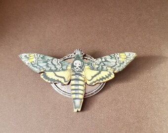 Deaths Head moth brooch, Death's head moth pin, silver  accents, wood lasercut moth, Hawk moth, Death head moth jewelry, unique brooch