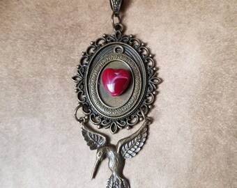 Victorian hummingbird necklace, glass heart, bronze hummingbird, layered necklace, gift for Valentine's Day, soft Goth jewelry, OOAK gift