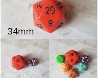 Orange  and black 34mm Jumbo d20, dnd dice, oversized d20, jumbo sized d20, dnd d20, dnd dice, ttrpg dice, 34mm jumbo dnd d20