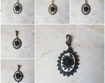 Rose cameo pendant, rose cameo necklace, black rose cameo, Goth cameo necklace, rose cameo pendant, floral cameo pendant, cameo jewelry
