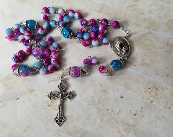 Catholic Five decade rosary, silver tone, pink and blue glass beads, praying hands center, detailed crucifix, religious rosary, prayer bead