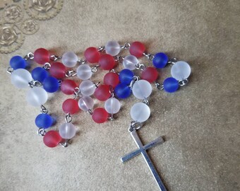 Anglican prayer beads, Episcopal, Protestant prayer beads, Methodist rosary, stainless steel, red, blue, and clear frosted sea glass