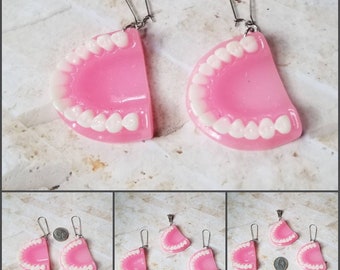 Whimsical earrings, kitschy earrings, false teeth earrings, denture earrings, choose from earrings only or earrings and pendant