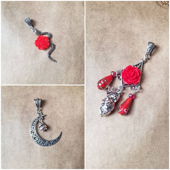 Valentine's day gift, Crescent moon pendant, witch jewelry, snake pendant, anatomical heart jewelry, red rose jewelry, unique gift ideas