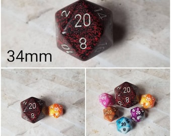 Silver Volcano 34mm Jumbo d20, black and red speckled with silver numbers, giant dnd dice, 34mm d20 dice, huge dnd dice,  jumbo d20