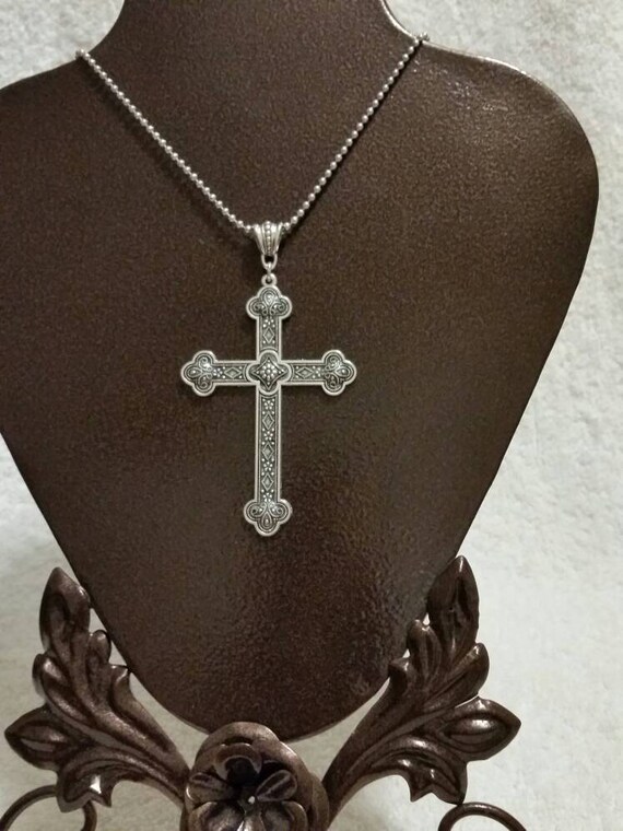 Cross pendant, huge highly decorated silver toned metal cross pendant necklace with fancy bail and chain, religious necklace