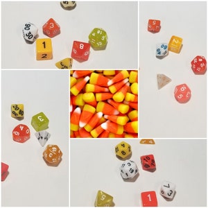 Candy Corn inspired 16mm dice sets, dnd dice sets, themed hand picked dnd dice, curated set, polyhedral dice, RPG dice,