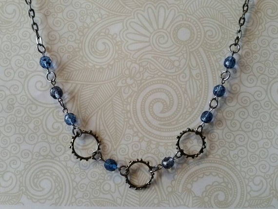 O ring day collar, blue glass beads, discreet day collar, symbolic jewelry, BDSM collar, submissive collar, O ring necklace, gunmetal