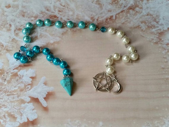 Pagan prayer beads, Winter prayer beads, stainless steel, Ice and snow prayer beads, glass pearls, pentagram charm, turquoise pendulum