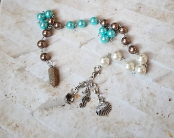 Baha'i prayer beads, 19 and 5 prayer beads, hand-wired, stainless steel pins, glass pearls, Ocean colors, Summer themed, nautical charms