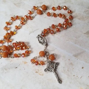 Catholic, Tangerine Czech glass rosary, faceted Czech glass, butterscotch Malay Jade, five decade rosary, silver Mary center, hand-wired