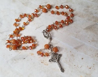 Catholic, Tangerine Czech glass rosary, faceted Czech glass, butterscotch Malay Jade, five decade rosary, silver Mary center, hand-wired