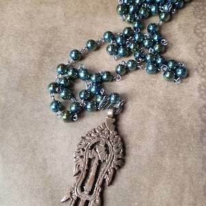 Koptische Christliche Gebetskette, handverdrahtet, gelb grüner Hämatit, koptisches Kreuz, Edelstahl Stifte, 64 Perlen