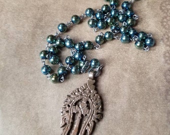 Coptic Christian prayer beads, hand wired, yellow green Hematite, Coptic cross, stainless steel pins, 64 beads