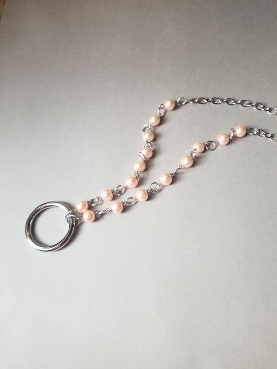 Kitten day collar, discreet day collar, pink glass pearls, BDSM collar, O ring necklace, solid cast O ring, hand wired, stainless steel pins