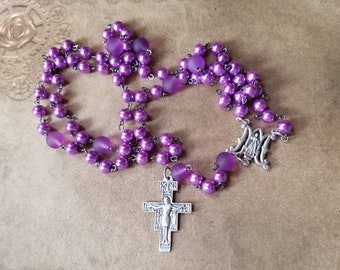 Catholic Franciscan rosary, seven decade rosary, purple glass pearls, frosted sea glass, gunmetal, silver, MM center, San Damiano cross