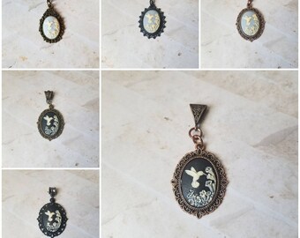 Hummingbird cameo necklace, hummingbird cameo pendant, black or Wedgewood blue hummingbird with flowers cameo, nature cameo jewelry,