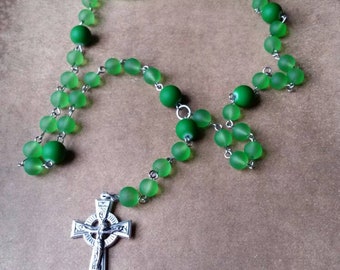 Lutheran prayer beads, Lutheran rosary, stainless steel, hand-wired, green frosted glass, rubberized glass, Celtic  crucifix, recycled glass