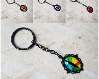 Dragon eye keychain, gunmetal eye keychain, black metal eye keychain, demon eye keychain, dnd dragon eye keychain, glass dragon eye cabochon