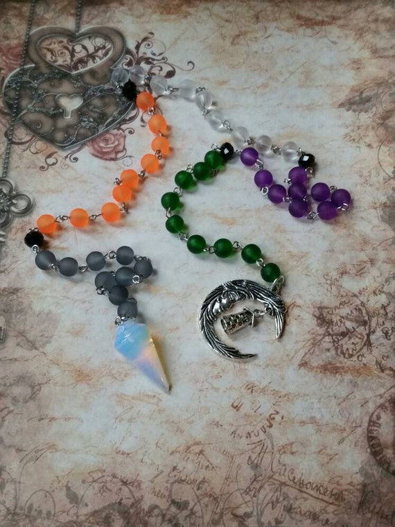Samhain prayer beads, pagan prayer beads, Samhain witches prayer beads, stainless steel, sea glass beads, Opalite pendulum, crescent moon
