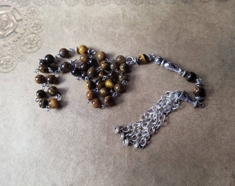 Islamic prayer beads, Tiger Eye Tesbih, Tasbih, Misbaha, stainless, handmade tassel, Turkish prayer beads, gemstone Chotki, OOAK, hand wired
