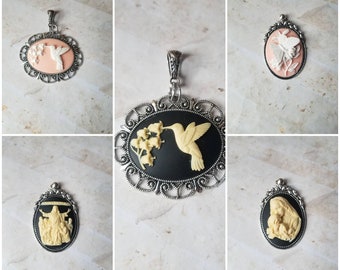 Cameo pendant, cameo necklace, Hummingbird cameo pendant, Christian cameo pendant, butterfly cameo pendant, Madonna and child cameo pendant