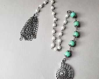 Baha'i prayer beads, 19 and 5 prayer beads, gunmetal tone, white glass pearls, chain tassel, hand-wired, turquoise glass beads, shell charm