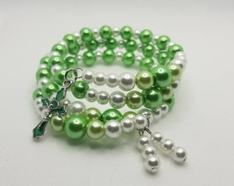 Orthodox prayer bracelet, Orthodox Chotki, 100 bead Orthodox Christian prayer bracelet, memory wire, multi-loop, green and white, religious