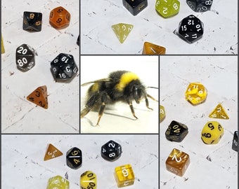 Bumblebee 16mm dnd dice sets, Bee dnd dice sets, themed hand picked dnd dice, curated set, polyhedral dice, RPG dice, DnD dice, gaming dice