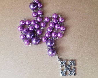 Anglican Prayer beads, Episcopal, Protestant prayer beads, Methodist, purple glass pearls, hand-wired, stainless steel, hammered cross