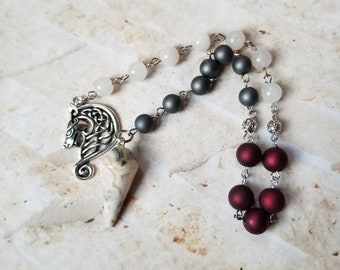 Yule prayer beads, pagan prayer beads, witch prayer beads, stainless pins, Sabbat prayer beads, Agate pendulum point, Celtic wolf charm