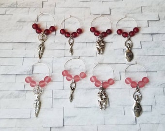 Wine charms x 8, glass markers, wine charms, cup charms, bottle charms, wine glass charms, beverage markers, Goddess wine charms, witchy