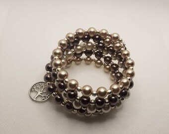 Baha'i prayer beads, Baha'i 95 prayer bead bracelet, memory wire wrap bracelet, Baha'i bracelet, brown pearls with silver charms, Baha'i