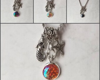 Mermaid scale necklace, mermaid pendant, silver toned, mermaid scale cabochons, mermaid charms, starfish charms, nautical theme, beach