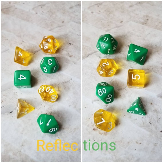 Reflections dnd dice, green and yellow curated dice set, polyhedral dice, DnD dice set, gaming dice, set of 7 dice, hand picked sets, 16mm