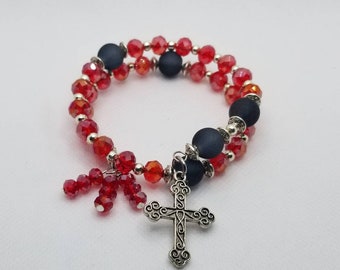 Anglican prayer bead bracelet, memory wire bracelet, beaded bracelet, wrap bracelet, red and black beads, Protestant rosary, budded cross