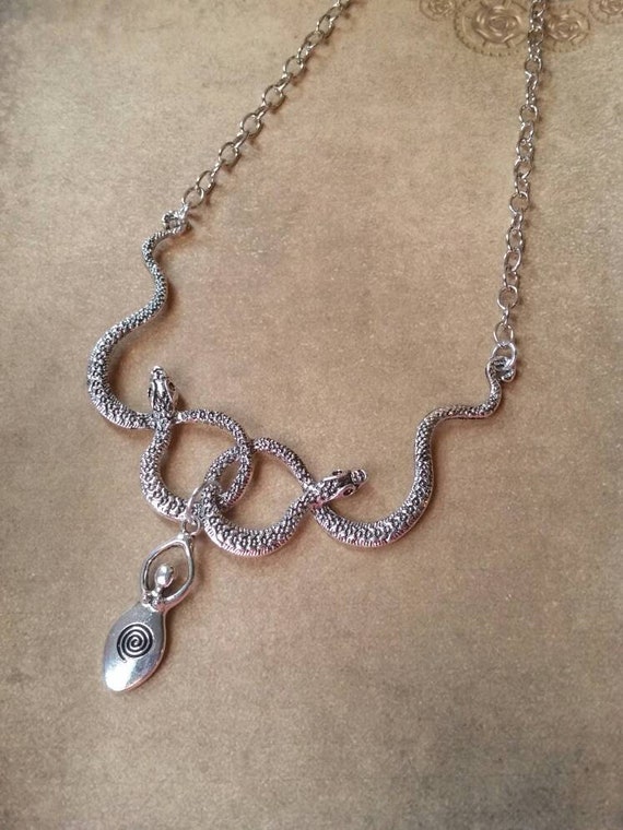 Snake necklace, serpent necklace, large bib style necklace, silver, entwined snakes, pagan jewelry, Goddess jewelry, Goddess necklace