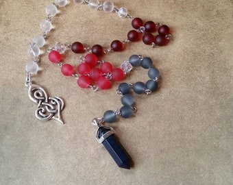Yule prayer beads,pagan prayer beads, witches prayer beads, stainless steel, cultured sea glass, Black Onyx, Celtic knotwork Goddess