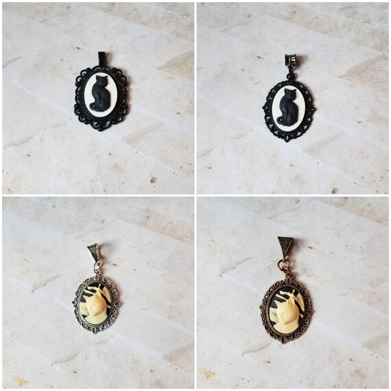 Cat cameo pendant, cat cameo necklace, black cat cameo, kitty cameo necklace, black kitty necklace, cat jewelry, Witches familiar cameo