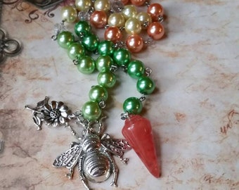 Beltane prayer beads, pagan prayer beads, witches prayer beads, stainless steel, glass pearls, Cherry Quartz, large bee charm, Czech glass