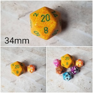 Lotus 34mm Jumbo d20, orange and yellow speckled with green numbers, giant dnd dice, d20 dice, huge dnd dice, jumbo d20, RPG dice