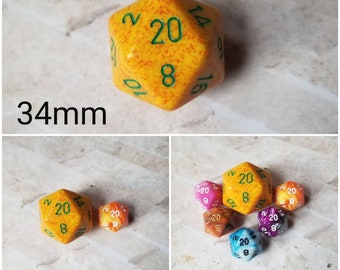Lotus 34mm Jumbo d20, orange and yellow speckled with green numbers, giant dnd dice, d20 dice, huge dnd dice, jumbo d20, RPG dice