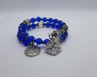 Anglican prayer bead bracelet, memory wire bracelet, beaded bracelet, wrap bracelet, cobalt beach glass beads, Celtic cross, tree of life