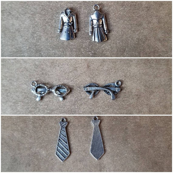 Destash charms, silver-toned metal, fashion accessory charms, destash coat charms, destash tie charms, destash glasses charms,