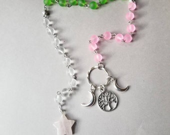 Imbolc prayer beads, pagan prayer beads, witches prayer beads, stainless steel, sea glass beads, Pink Quartz star, three charms, moons